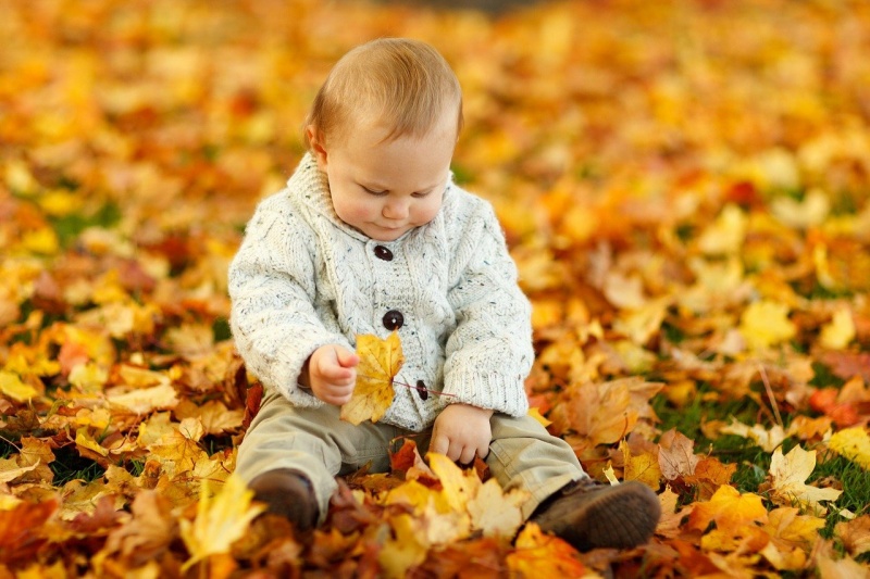 Kind spielt alleine mit Blättern